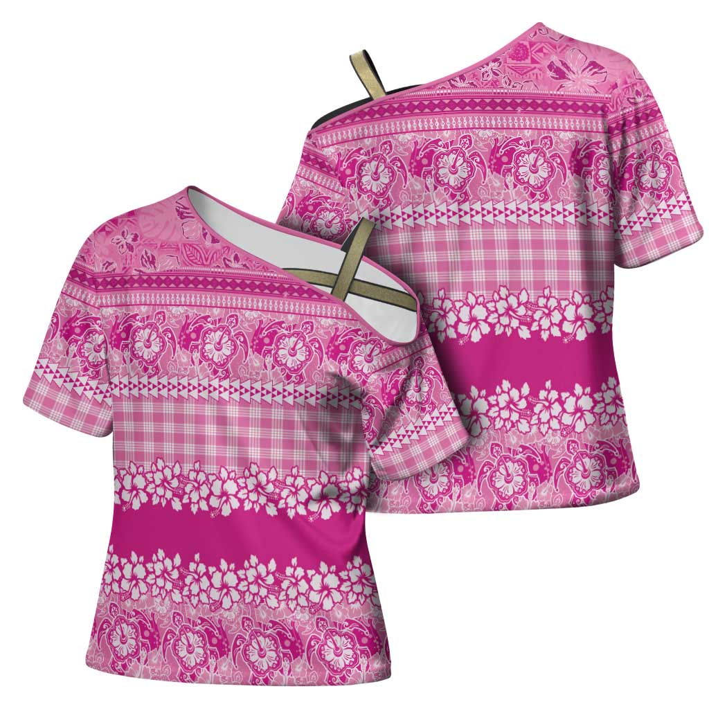 Hawaiian Hibiscus Honu Cross Shoulder Shirt Pink Mele Kalikimaka Palaka Spirit LT9 - Polynesian Pride