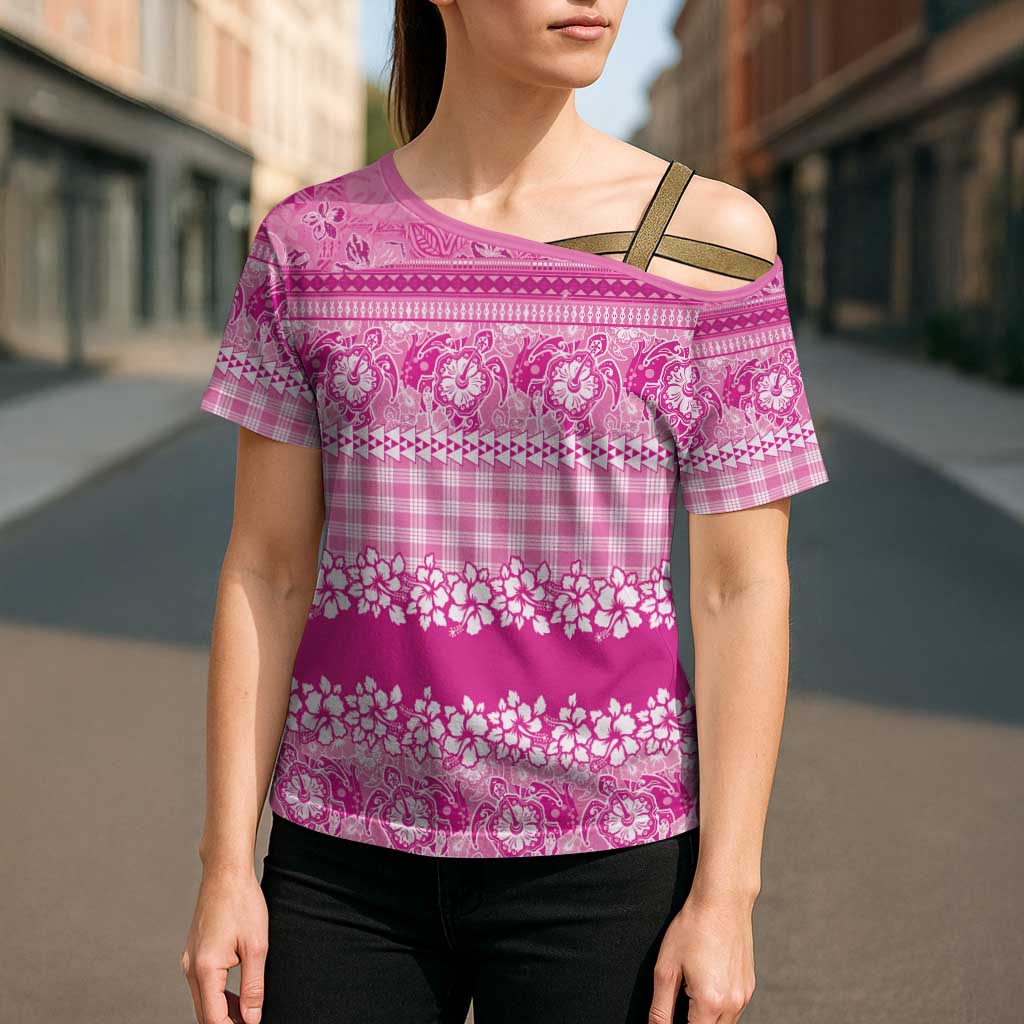 Hawaiian Hibiscus Honu Cross Shoulder Shirt Pink Mele Kalikimaka Palaka Spirit LT9 - Polynesian Pride