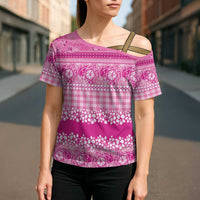 Hawaiian Hibiscus Honu Cross Shoulder Shirt Pink Mele Kalikimaka Palaka Spirit LT9 - Polynesian Pride