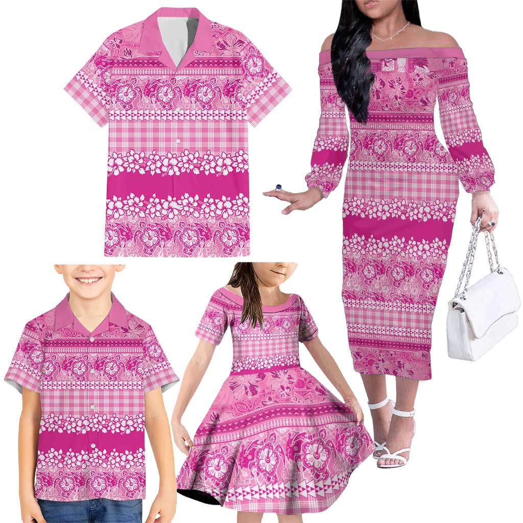 Hawaiian Hibiscus Honu Family Matching Off The Shoulder Long Sleeve Dress and Hawaiian Shirt Pink Mele Kalikimaka Palaka Spirit LT9 - Polynesian Pride
