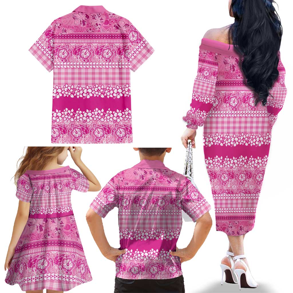 Hawaiian Hibiscus Honu Family Matching Off The Shoulder Long Sleeve Dress and Hawaiian Shirt Pink Mele Kalikimaka Palaka Spirit LT9 - Polynesian Pride
