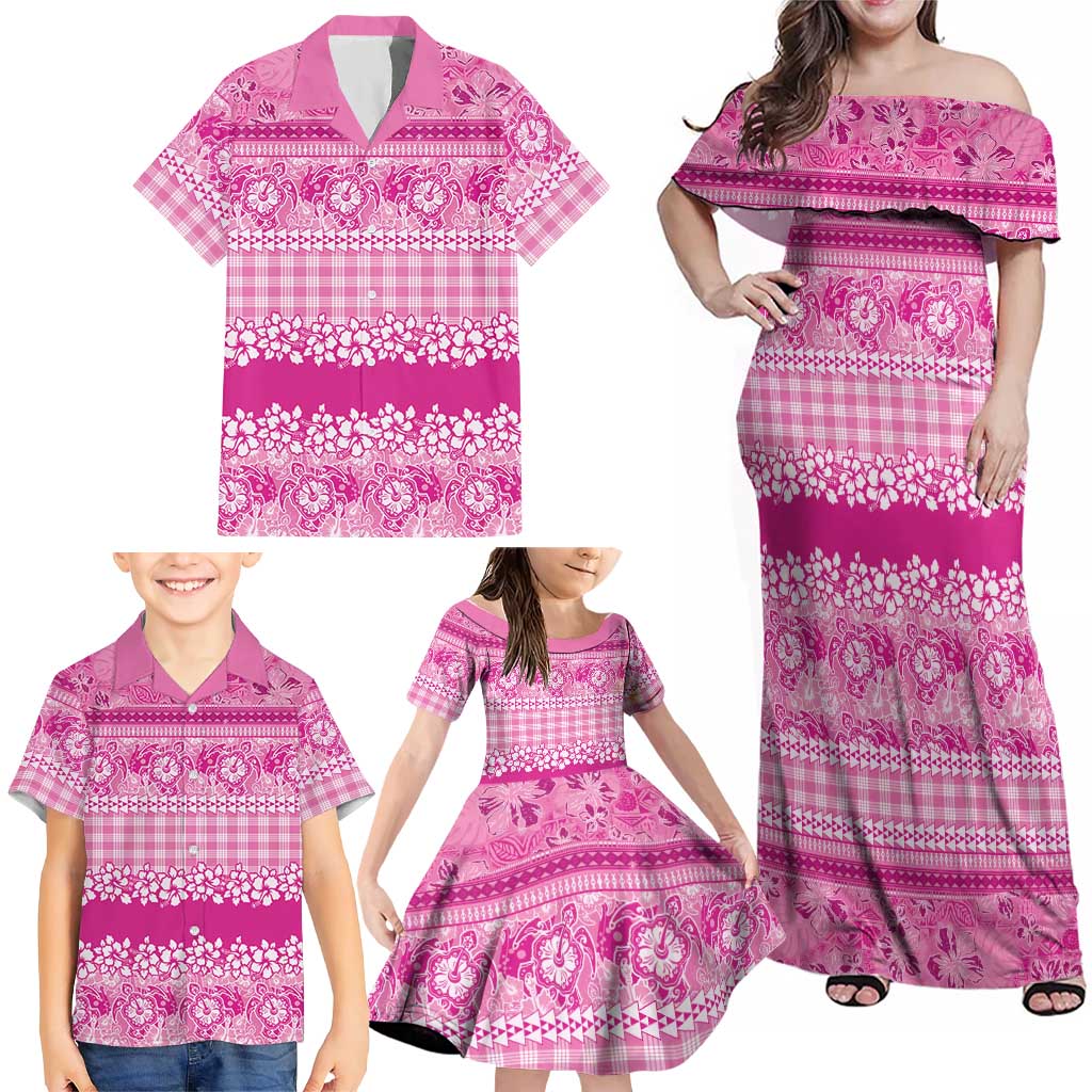 Hawaiian Hibiscus Honu Family Matching Off Shoulder Maxi Dress and Hawaiian Shirt Pink Mele Kalikimaka Palaka Spirit LT9 - Polynesian Pride
