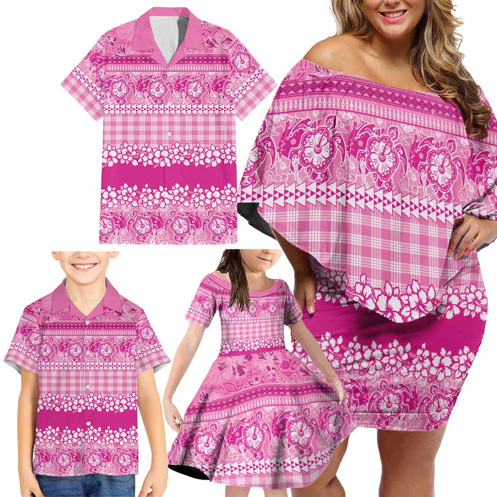 Hawaiian Hibiscus Honu Family Matching Off Shoulder Short Dress and Hawaiian Shirt Pink Mele Kalikimaka Palaka Spirit LT9 - Polynesian Pride
