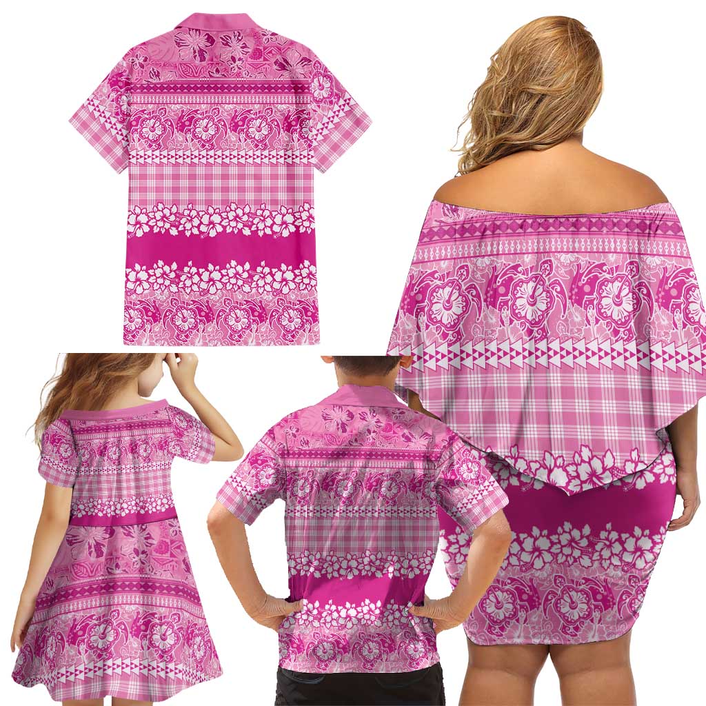 Hawaiian Hibiscus Honu Family Matching Off Shoulder Short Dress and Hawaiian Shirt Pink Mele Kalikimaka Palaka Spirit LT9 - Polynesian Pride