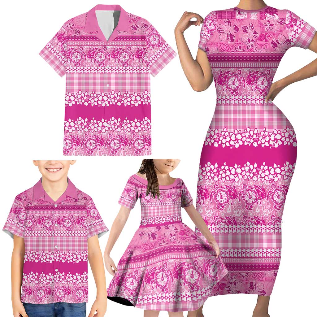 Hawaiian Hibiscus Honu Family Matching Short Sleeve Bodycon Dress and Hawaiian Shirt Pink Mele Kalikimaka Palaka Spirit LT9 - Polynesian Pride