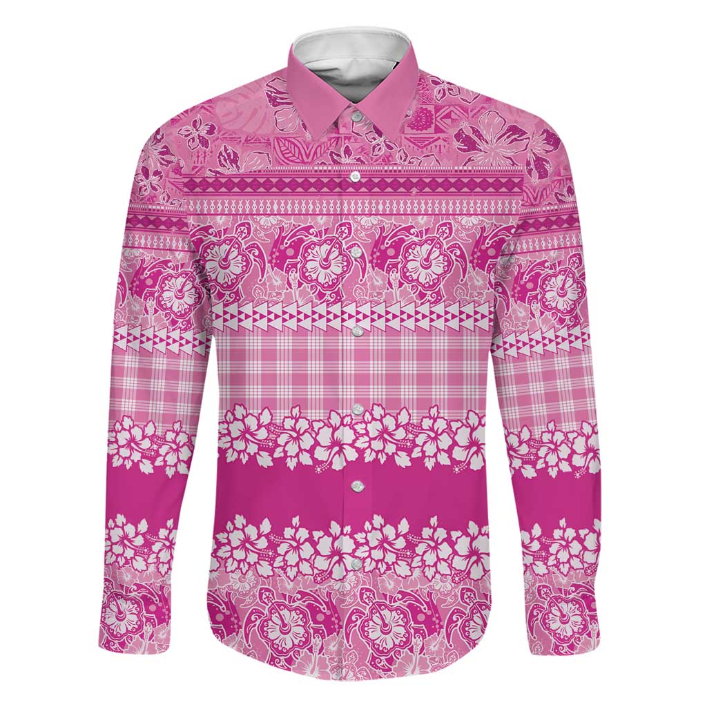 Hawaiian Hibiscus Honu Family Matching Tank Maxi Dress and Hawaiian Shirt Pink Mele Kalikimaka Palaka Spirit LT9 Dad's Shirt - Long Sleeve Pink - Polynesian Pride