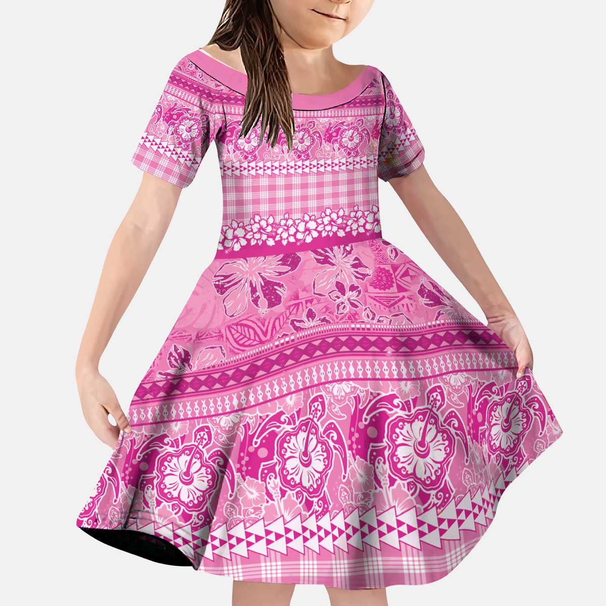Hawaiian Hibiscus Honu Kid Short Sleeve Dress Pink Mele Kalikimaka Palaka Spirit - Polynesian Pride
