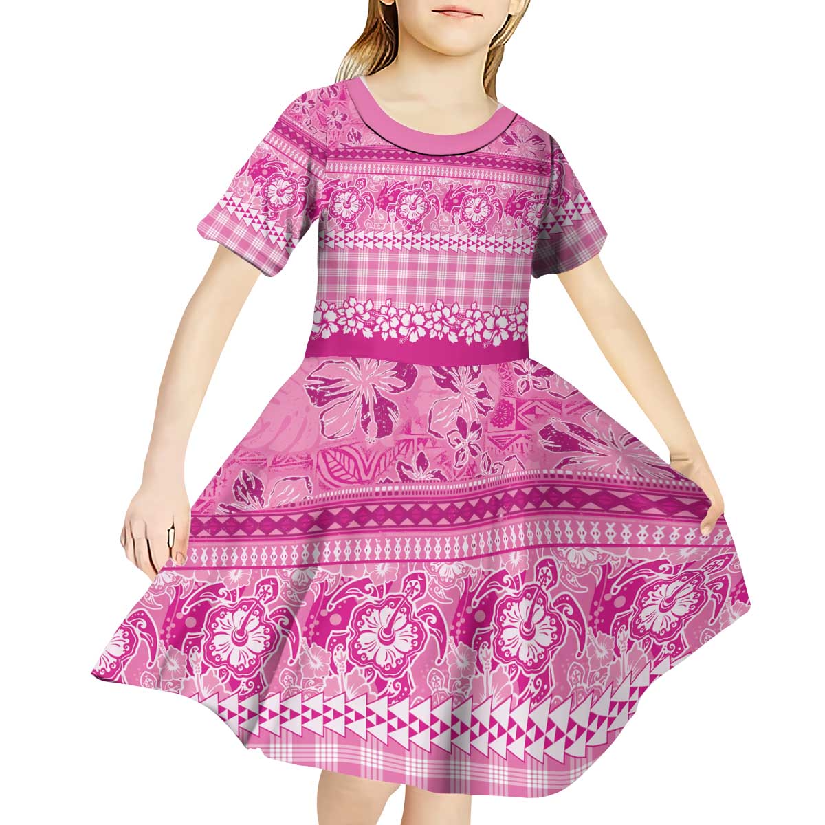 Hawaiian Hibiscus Honu Kid Short Sleeve Dress Pink Mele Kalikimaka Palaka Spirit LT9 - Polynesian Pride