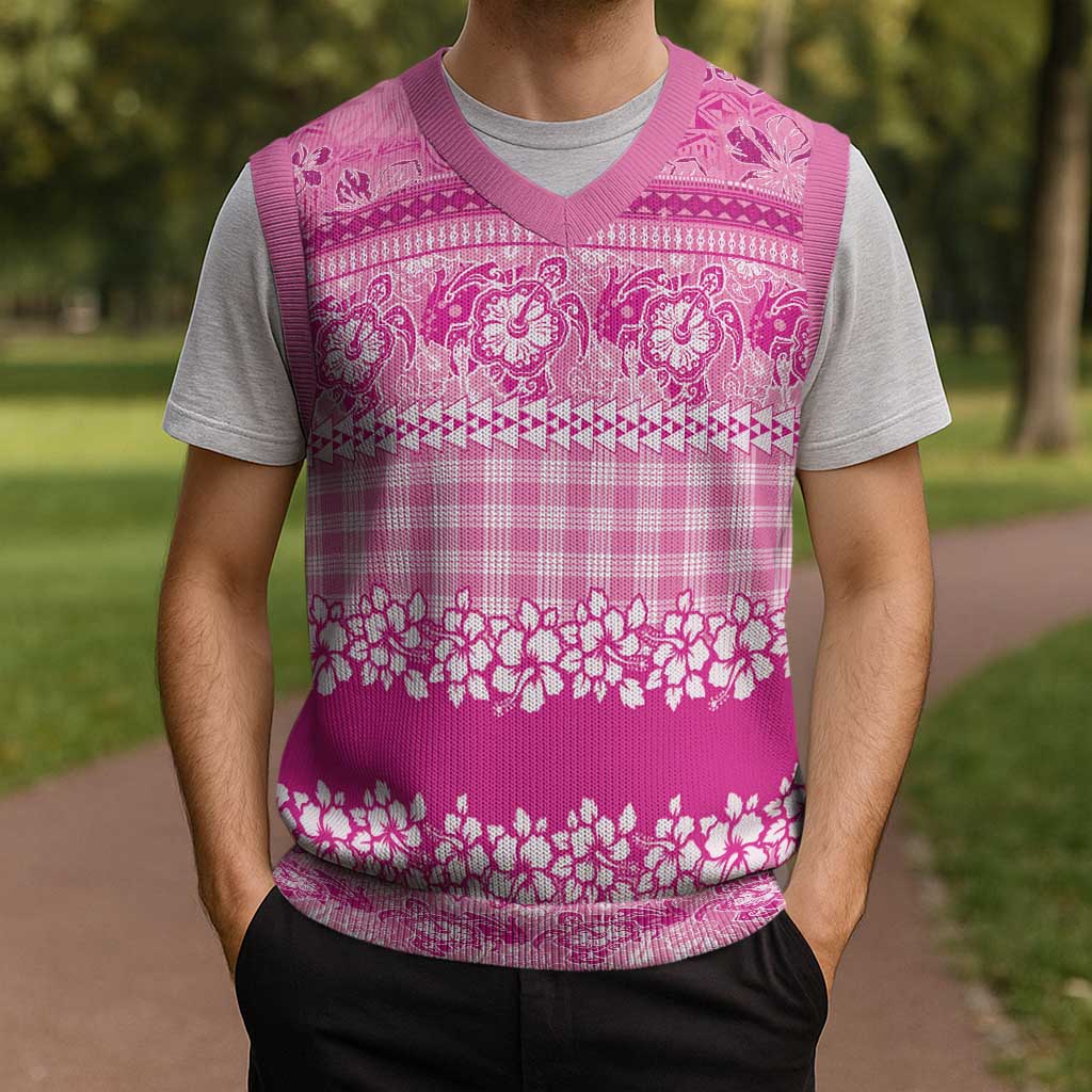Hawaiian Hibiscus Honu Christmas Knitted V-Neck Vest Pink Mele Kalikimaka Palaka Spirit LT9 - Polynesian Pride