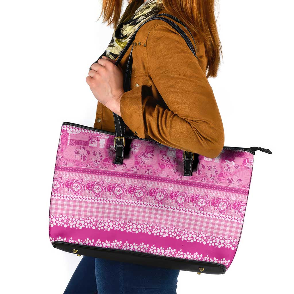 Hawaiian Hibiscus Honu Leather Tote Bag Pink Mele Kalikimaka Palaka Spirit - Polynesian Pride