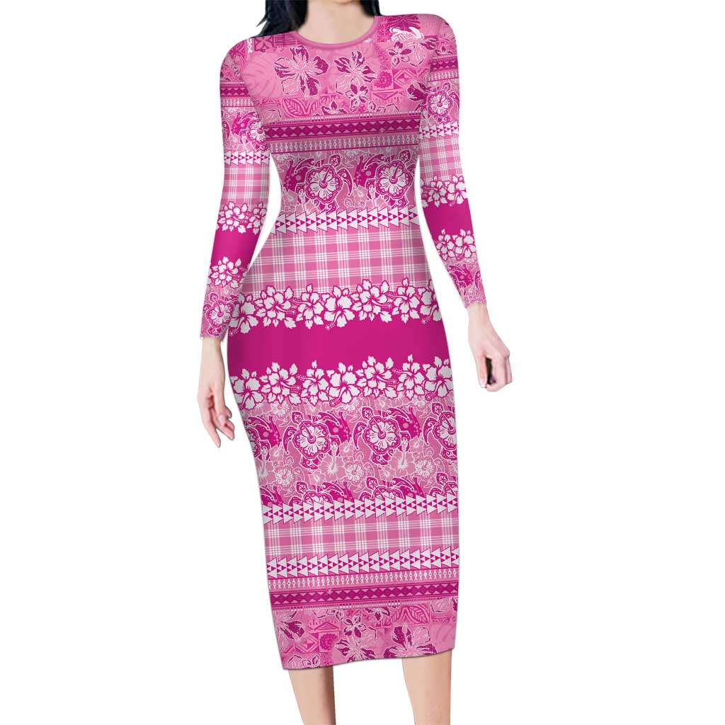 Hawaiian Hibiscus Honu Long Sleeve Bodycon Dress Pink Mele Kalikimaka Palaka Spirit - Polynesian Pride