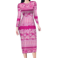 Hawaiian Hibiscus Honu Long Sleeve Bodycon Dress Pink Mele Kalikimaka Palaka Spirit LT9 Long Dress Pink - Polynesian Pride
