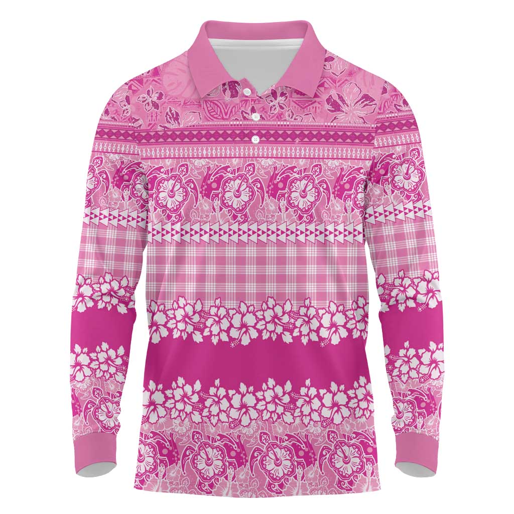 Hawaiian Hibiscus Honu Long Sleeve Polo Shirt Pink Mele Kalikimaka Palaka Spirit LT9 Pink - Polynesian Pride
