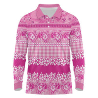 Hawaiian Hibiscus Honu Long Sleeve Polo Shirt Pink Mele Kalikimaka Palaka Spirit LT9 Pink - Polynesian Pride