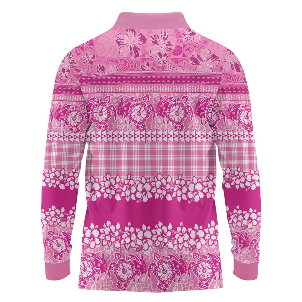 Hawaiian Hibiscus Honu Long Sleeve Polo Shirt Pink Mele Kalikimaka Palaka Spirit LT9 - Polynesian Pride
