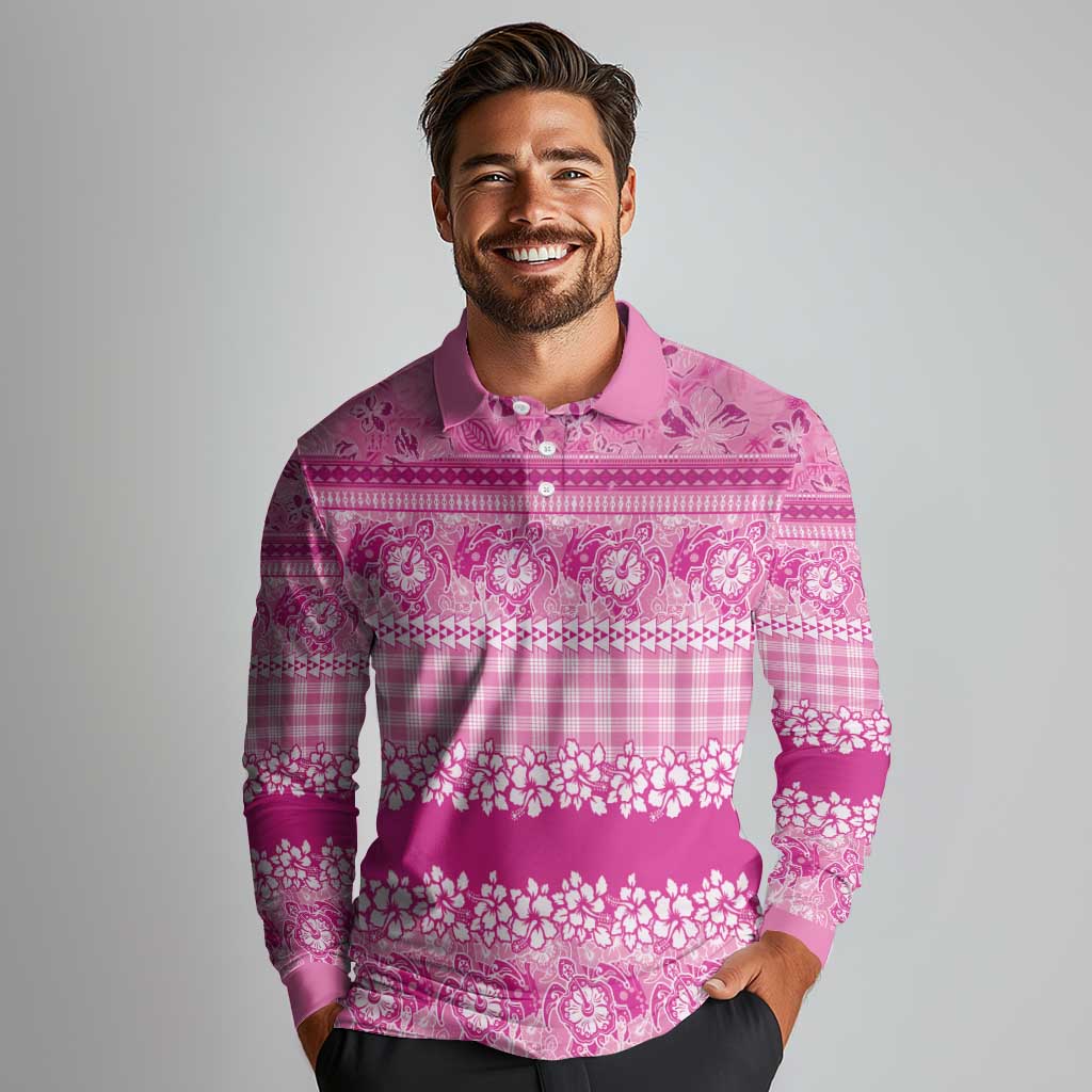 Hawaiian Hibiscus Honu Long Sleeve Polo Shirt Pink Mele Kalikimaka Palaka Spirit LT9 - Polynesian Pride