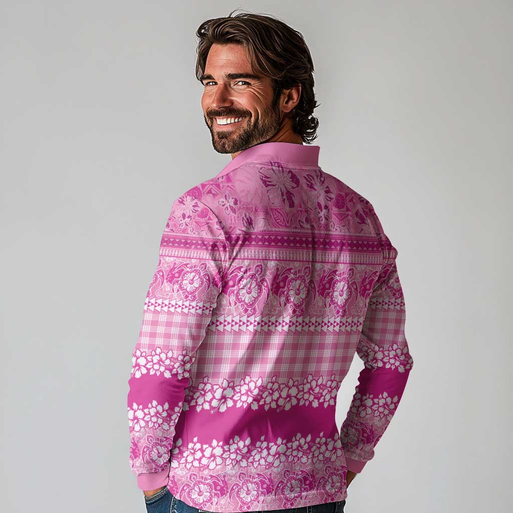 Hawaiian Hibiscus Honu Long Sleeve Polo Shirt Pink Mele Kalikimaka Palaka Spirit LT9 - Polynesian Pride