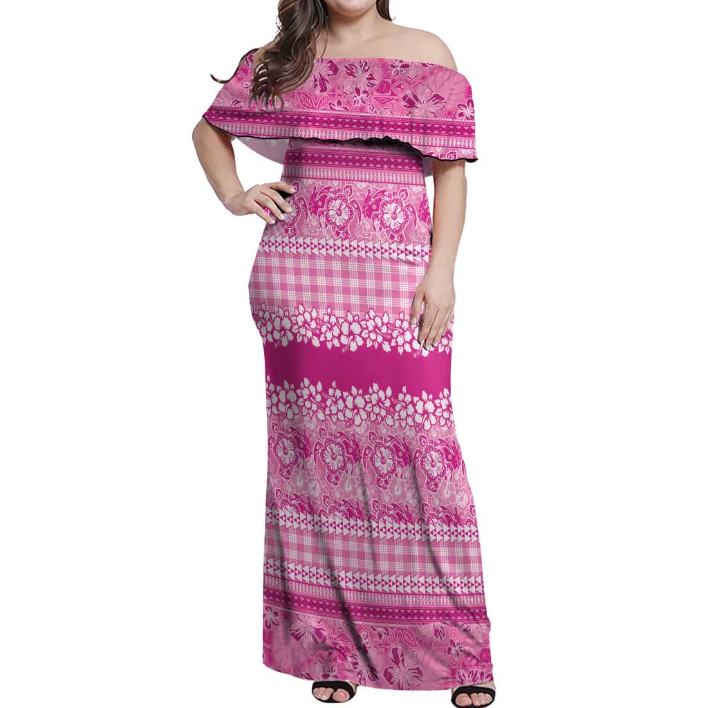 Hawaiian Hibiscus Honu Off Shoulder Maxi Dress Pink Mele Kalikimaka Palaka Spirit LT9 Women Pink - Polynesian Pride