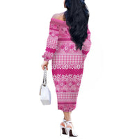Hawaiian Hibiscus Honu Off The Shoulder Long Sleeve Dress Pink Mele Kalikimaka Palaka Spirit LT9 - Polynesian Pride