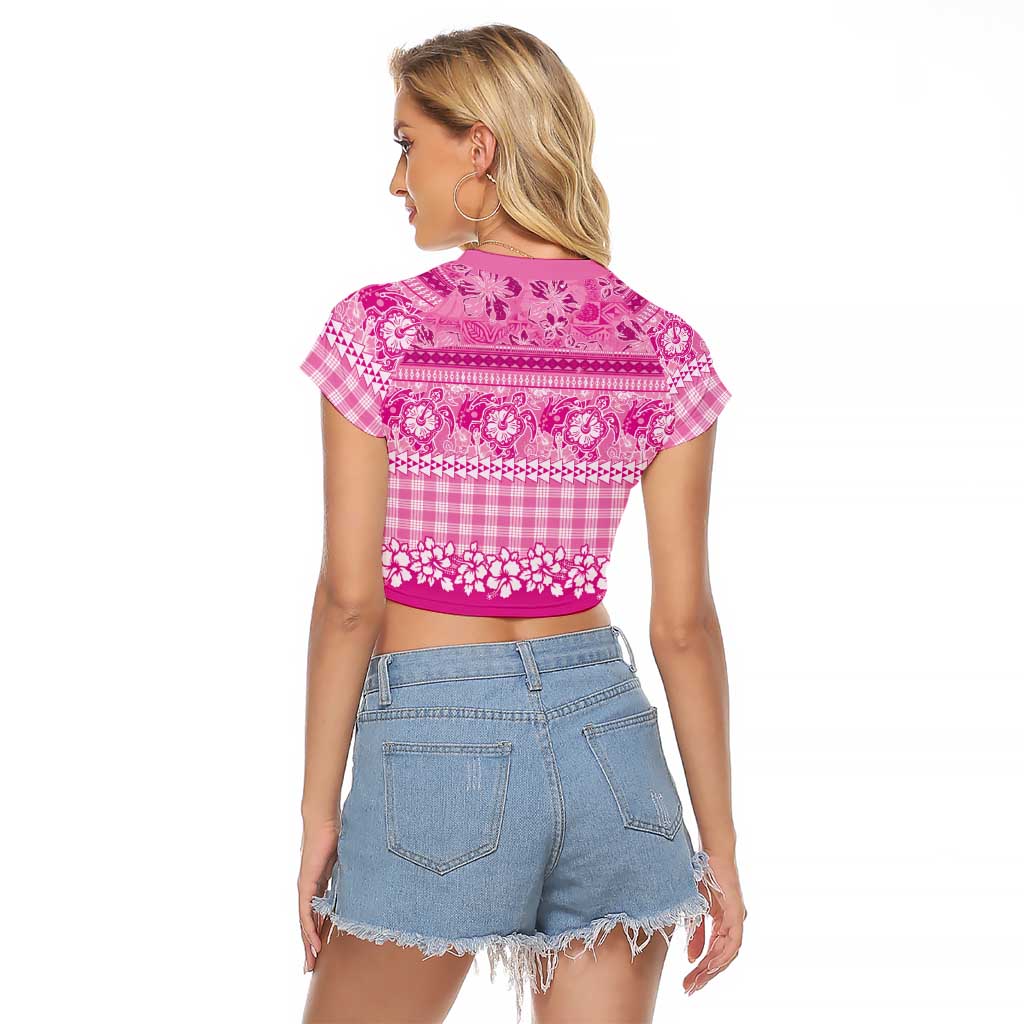 Hawaiian Hibiscus Honu Raglan Cropped T Shirt Pink Mele Kalikimaka Palaka Spirit LT9 - Polynesian Pride