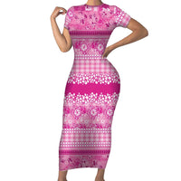 Hawaiian Hibiscus Honu Short Sleeve Bodycon Dress Pink Mele Kalikimaka Palaka Spirit LT9 Long Dress Pink - Polynesian Pride