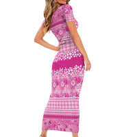 Hawaiian Hibiscus Honu Short Sleeve Bodycon Dress Pink Mele Kalikimaka Palaka Spirit LT9 - Polynesian Pride