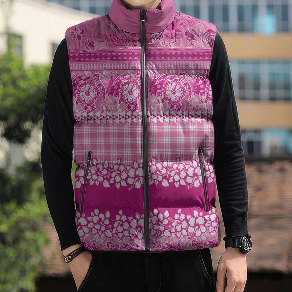 Hawaiian Hibiscus Honu Sleeveless Puffer Jacket Pink Mele Kalikimaka Palaka Spirit - Polynesian Pride