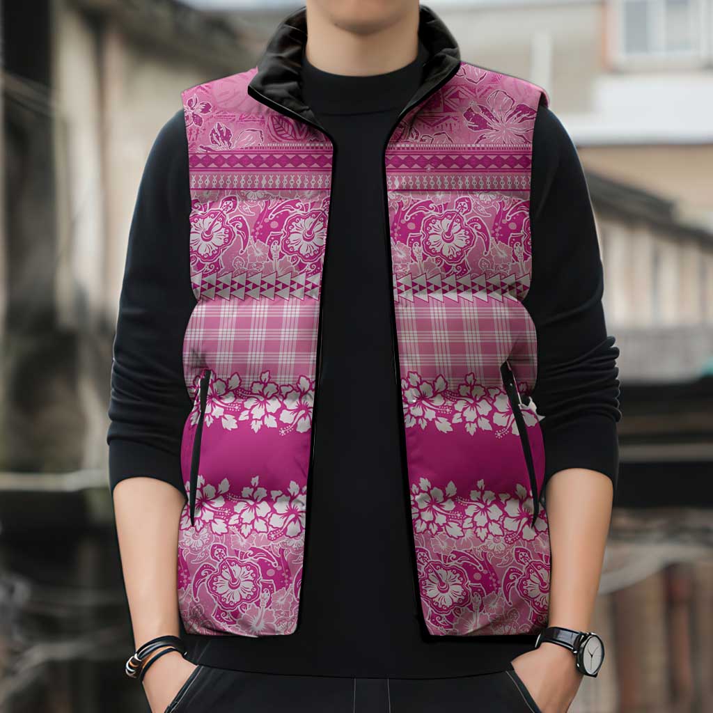 Hawaiian Hibiscus Honu Sleeveless Puffer Jacket Pink Mele Kalikimaka Palaka Spirit - Polynesian Pride