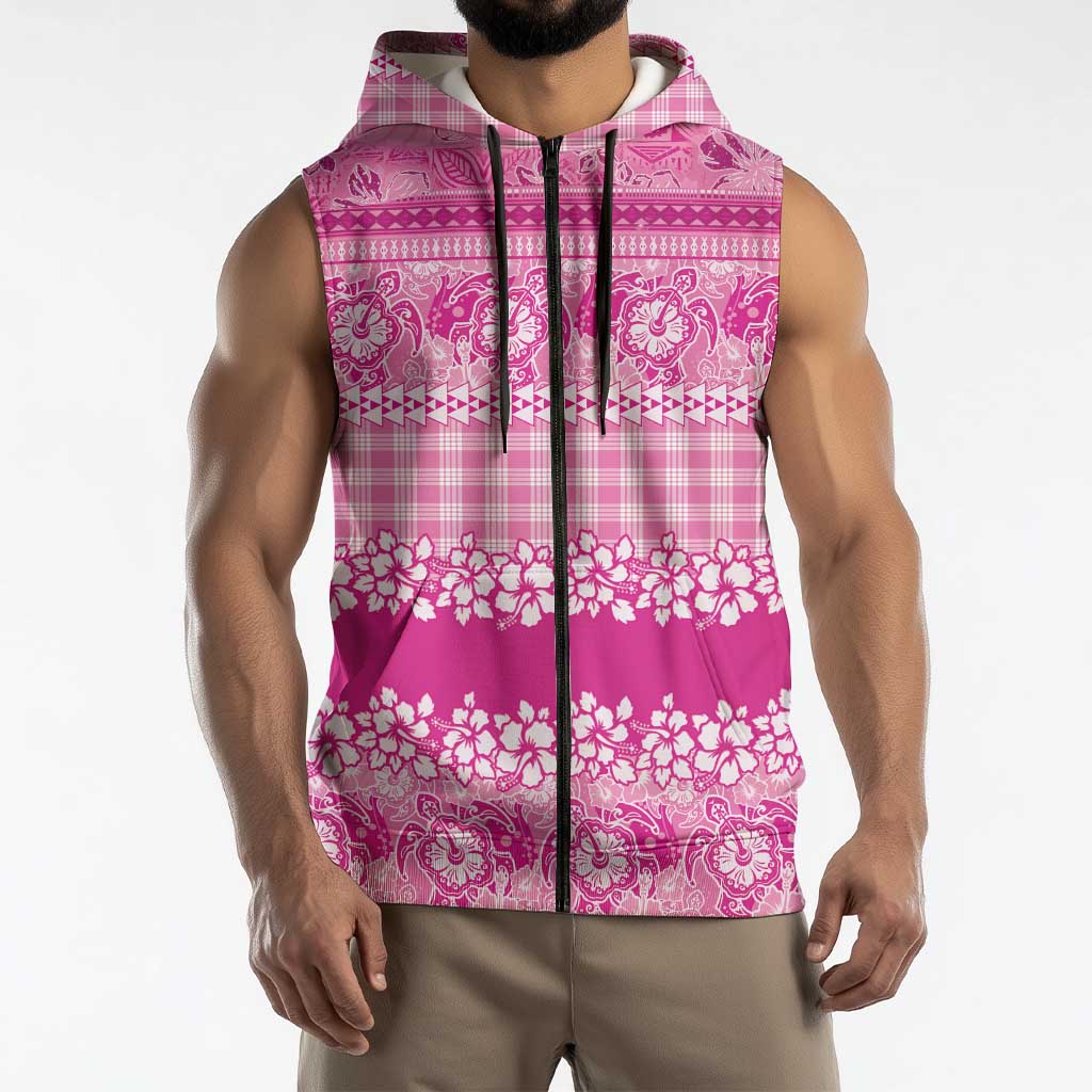 Hawaiian Hibiscus Honu Sleeveless Zip Hoodie Pink Mele Kalikimaka Palaka Spirit LT9 - Polynesian Pride