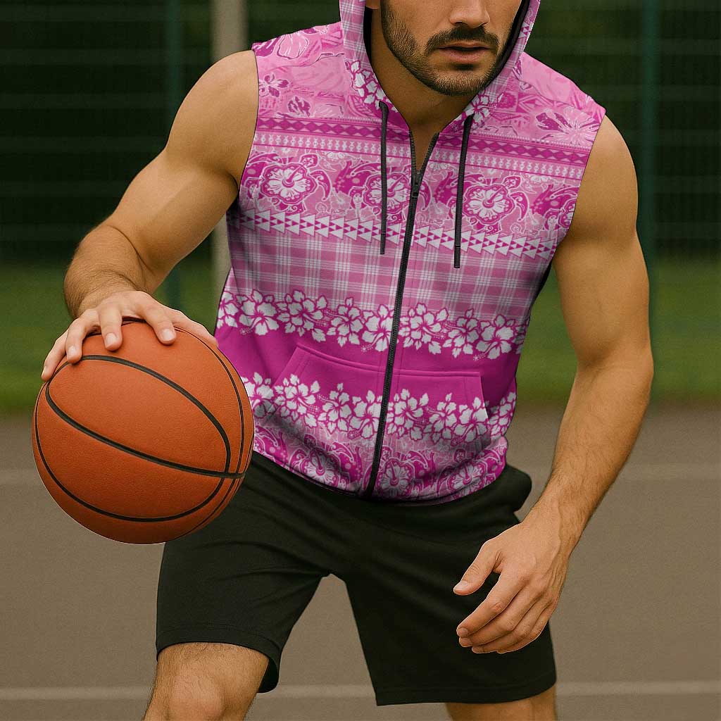 Hawaiian Hibiscus Honu Sleeveless Zip Hoodie Pink Mele Kalikimaka Palaka Spirit LT9 - Polynesian Pride