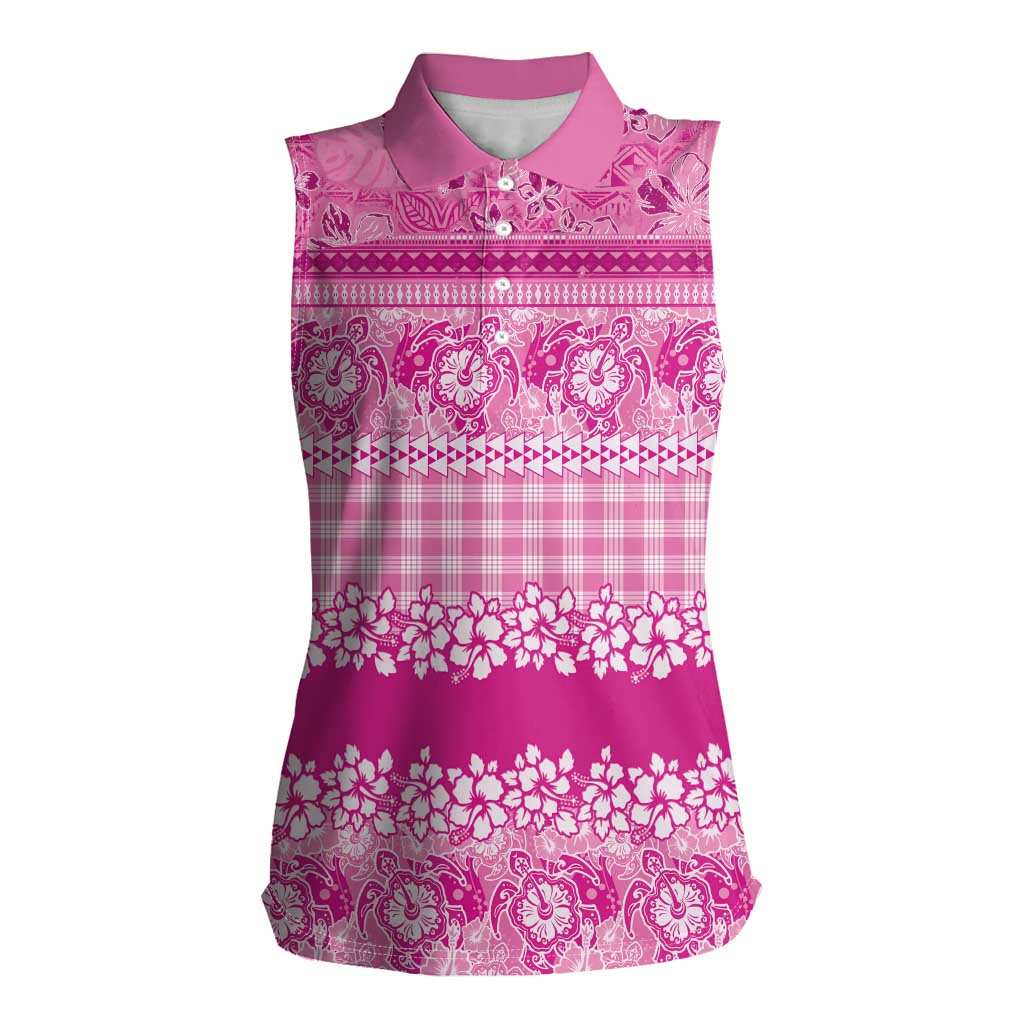 Hawaiian Hibiscus Honu Women Sleeveless Polo Shirt Pink Mele Kalikimaka Palaka Spirit - Polynesian Pride