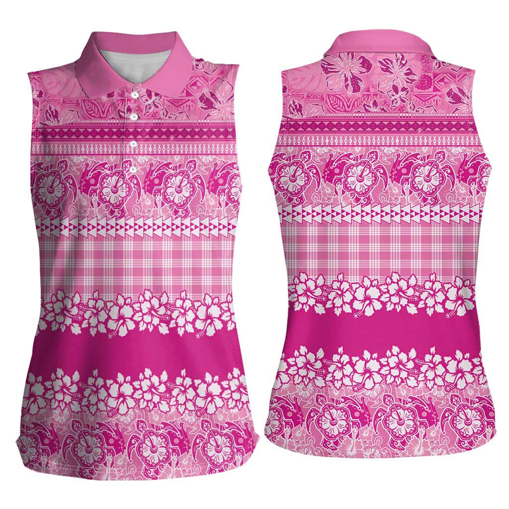 Hawaiian Hibiscus Honu Women Sleeveless Polo Shirt Pink Mele Kalikimaka Palaka Spirit LT9 - Polynesian Pride