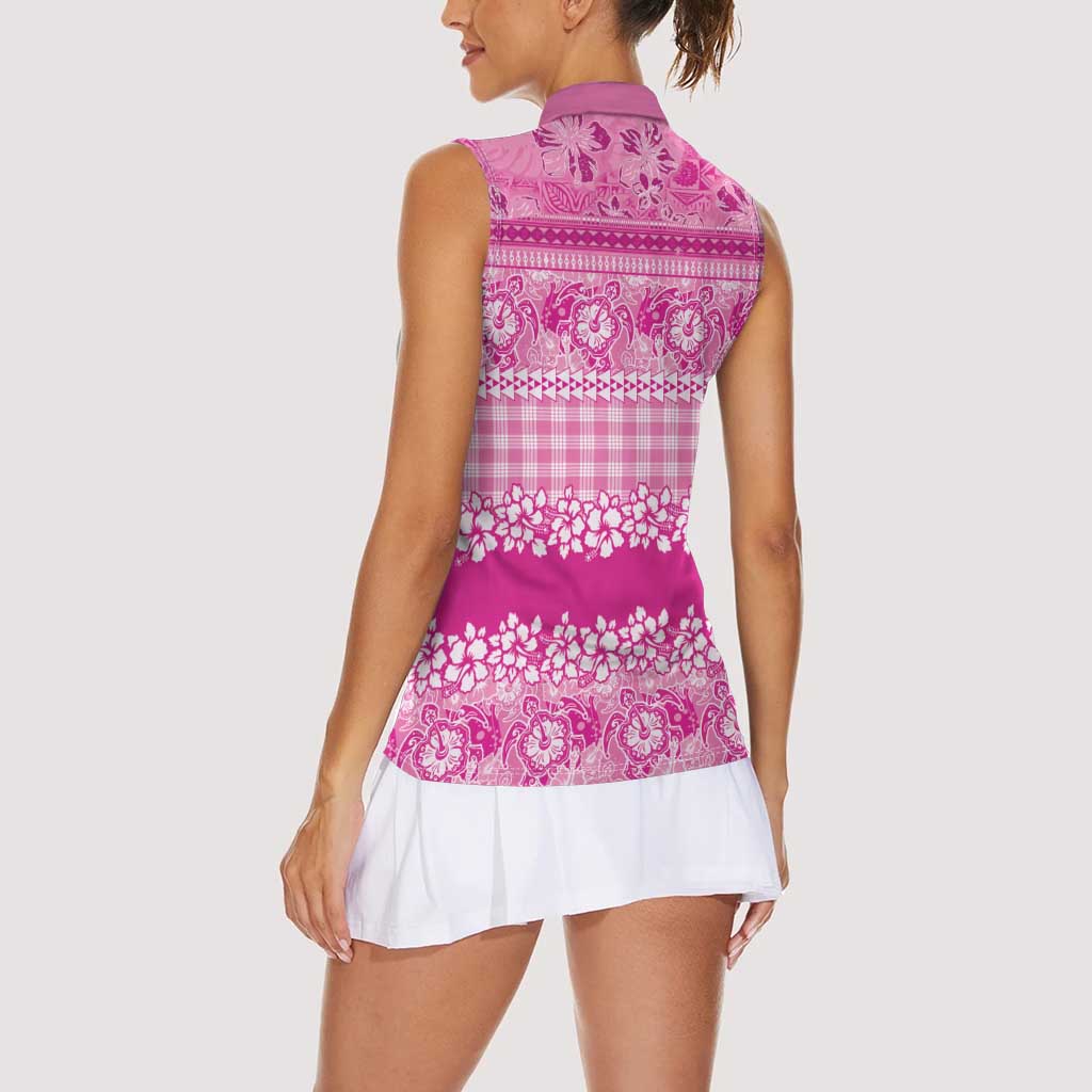 Hawaiian Hibiscus Honu Women Sleeveless Polo Shirt Pink Mele Kalikimaka Palaka Spirit LT9 - Polynesian Pride