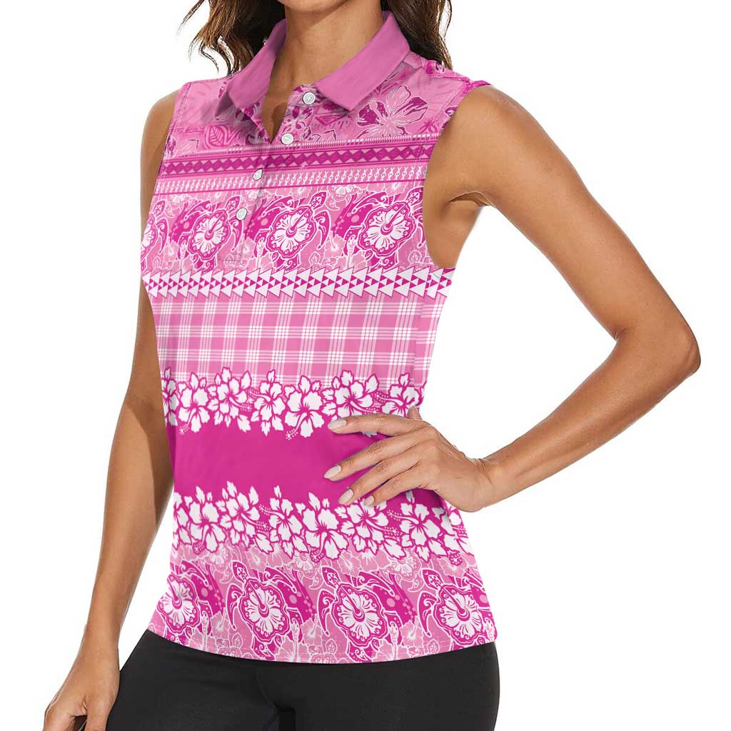 Hawaiian Hibiscus Honu Women Sleeveless Polo Shirt Pink Mele Kalikimaka Palaka Spirit LT9 - Polynesian Pride