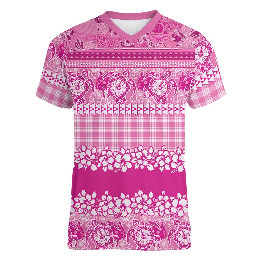 Hawaiian Hibiscus Honu Women V-Neck T-Shirt Pink Mele Kalikimaka Palaka Spirit LT9 Female Pink - Polynesian Pride