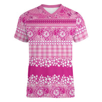 Hawaiian Hibiscus Honu Women V-Neck T-Shirt Pink Mele Kalikimaka Palaka Spirit LT9 Female Pink - Polynesian Pride