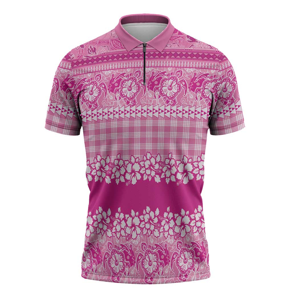 Hawaiian Hibiscus Honu Zipper Polo Shirt Pink Mele Kalikimaka Palaka Spirit LT9 Pink - Polynesian Pride