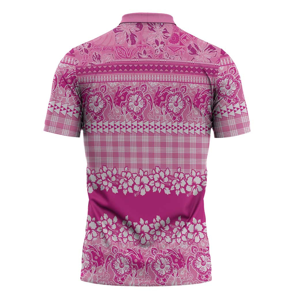 Hawaiian Hibiscus Honu Zipper Polo Shirt Pink Mele Kalikimaka Palaka Spirit LT9 - Polynesian Pride