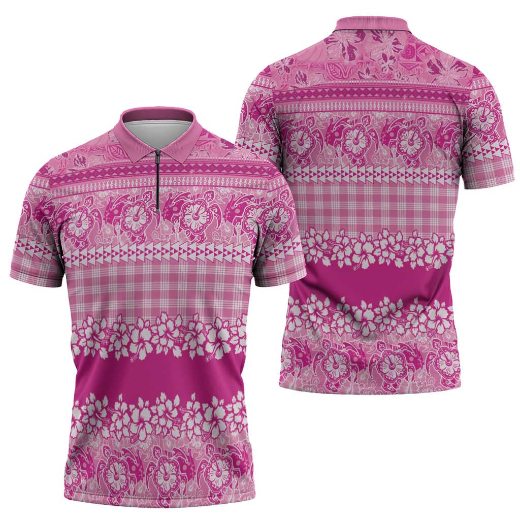 Hawaiian Hibiscus Honu Zipper Polo Shirt Pink Mele Kalikimaka Palaka Spirit LT9 - Polynesian Pride