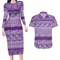 Hawaiian Hibiscus Honu Couples Matching Long Sleeve Bodycon Dress and Hawaiian Shirt Purple Mele Kalikimaka Palaka Spirit LT9 Purple - Polynesian Pride