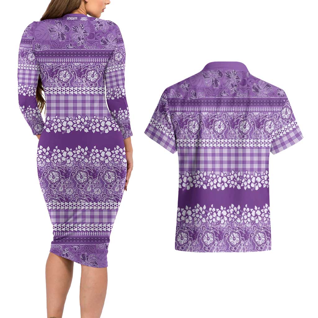 Hawaiian Hibiscus Honu Couples Matching Long Sleeve Bodycon Dress and Hawaiian Shirt Purple Mele Kalikimaka Palaka Spirit LT9 - Polynesian Pride