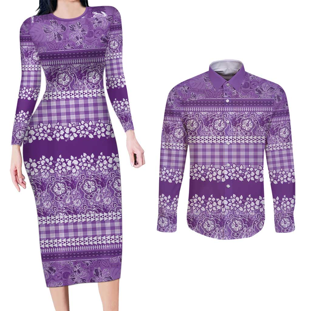 Hawaiian Hibiscus Honu Couples Matching Long Sleeve Bodycon Dress and Long Sleeve Button Shirt Purple Mele Kalikimaka Palaka Spirit LT9 Purple - Polynesian Pride