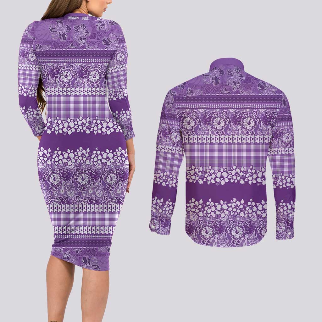 Hawaiian Hibiscus Honu Couples Matching Long Sleeve Bodycon Dress and Long Sleeve Button Shirt Purple Mele Kalikimaka Palaka Spirit LT9 - Polynesian Pride