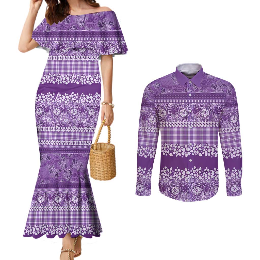 Hawaiian Hibiscus Honu Couples Matching Mermaid Dress and Long Sleeve Button Shirt Purple Mele Kalikimaka Palaka Spirit LT9 Purple - Polynesian Pride