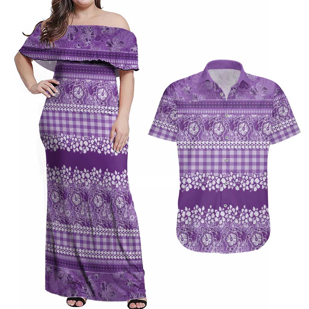 Hawaiian Hibiscus Honu Couples Matching Off Shoulder Maxi Dress and Hawaiian Shirt Purple Mele Kalikimaka Palaka Spirit LT9 Purple - Polynesian Pride
