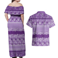 Hawaiian Hibiscus Honu Couples Matching Off Shoulder Maxi Dress and Hawaiian Shirt Purple Mele Kalikimaka Palaka Spirit LT9 - Polynesian Pride