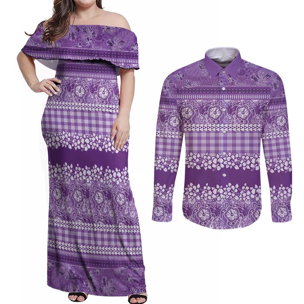 Hawaiian Hibiscus Honu Couples Matching Off Shoulder Maxi Dress and Long Sleeve Button Shirt Purple Mele Kalikimaka Palaka Spirit LT9 Purple - Polynesian Pride