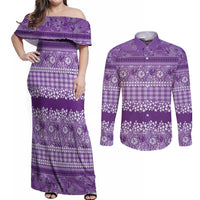 Hawaiian Hibiscus Honu Couples Matching Off Shoulder Maxi Dress and Long Sleeve Button Shirt Purple Mele Kalikimaka Palaka Spirit LT9 Purple - Polynesian Pride