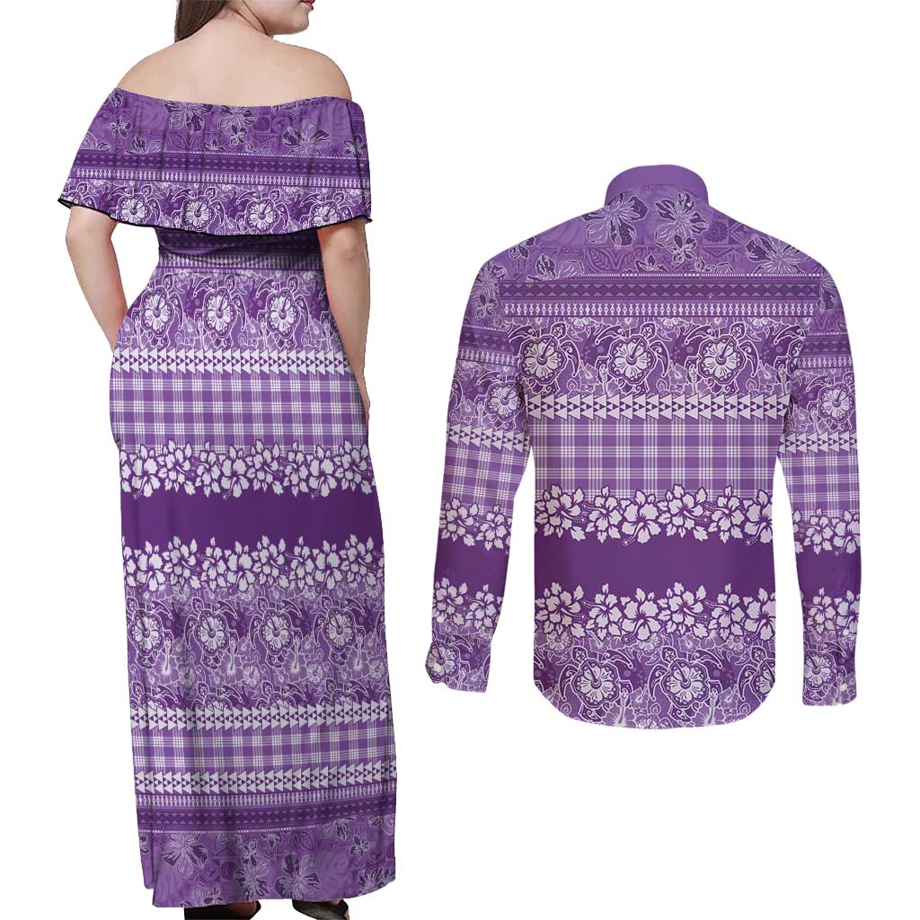 Hawaiian Hibiscus Honu Couples Matching Off Shoulder Maxi Dress and Long Sleeve Button Shirt Purple Mele Kalikimaka Palaka Spirit LT9 - Polynesian Pride