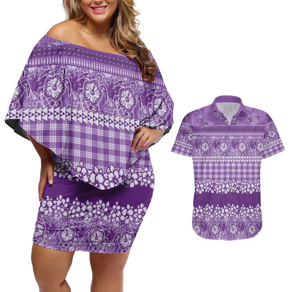 Hawaiian Hibiscus Honu Couples Matching Off Shoulder Short Dress and Hawaiian Shirt Purple Mele Kalikimaka Palaka Spirit LT9 Purple - Polynesian Pride